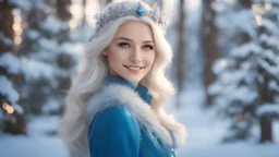 photoreal magnificent young covered white haired magic young smiling princess in the gorgeous blue dress in a pine rich winter wonderland in the style of fantasy movies, photorealistic, shot on Hasselblad h6d-400c, zeiss prime lens, bokeh like f/0.8, tilt-shift lens 8k, high detail, smooth render, unreal engine 5, cinema 4d, HDR, dust effect, vivid colors