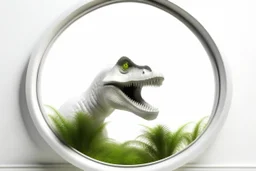 white,background,looking,through,a 3-d, hole,or,window,,a,seeing a dinosaur