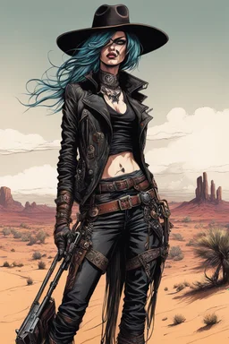 highly detailed full body concept illustration of an altered reality goth punk Wild West female anti heroine gunslinger in the desert Southwest , maximalist, sharp focus, finely detailed facial features, highest resolution, in the styles of Alex Pardee, Denis Forkas , and Masahiro Ito, boldly inked, 8k, coarse, gritty textures