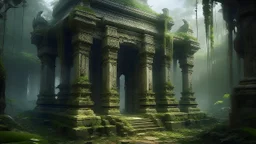 A semi-ruined ancient stone and wood temple, with intricate carvings and arched doors, covered in lush vegetation and surrounded by a natural enclosed jungle environment. Various creatures and animals live there. The atmosphere is suffocating, misty, humid and dense.