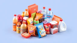 A 3D design of supermarket products such as soft drinks, mineral water, chocolate, packaged cakes, chips and puffs, and detergents with an orange, red, and white color theme.