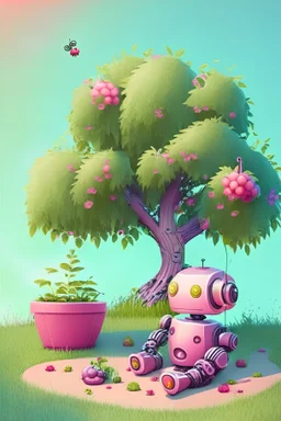 Cute Robot set relax in nice garden with raspberry tree