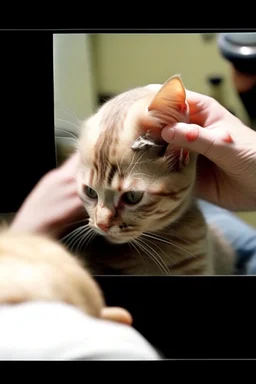 the cat's mother's attention to him in cleanliness by removing the hair of the head as if he was a Created small cat bald person with hair behind the head and ears and for hair from the right side of the head is long and covered with the rest of the baldness in the other direction This is the indicator that you find on a lot of bald men