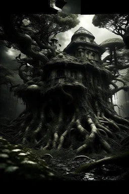 scary dark mushroom city in the forest