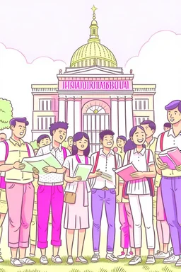 Ilustrasi beberapa sekelompok pemuda memegang salinan konstitusi Indonesia, dan berada di depan gedung konstitusi (ilustrasi warna pastel)