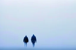 two people seen from behind walking side by side in an empty foggy plain, above there is blue sky