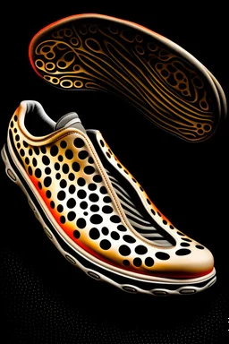 The bottom of the soles of two shoes. The tread pattern is white and made entirely from the shapes of ghosts. Use no more than 4 colours. In the style of Salvador Dali’s “in the face of war”. Only the bottom of the shoes as viewed from the bottom.