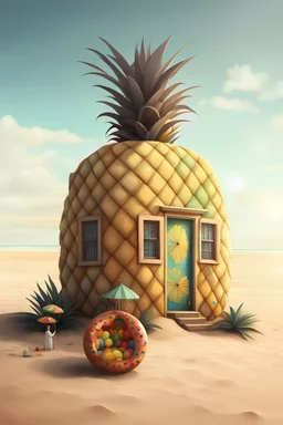 A (((woman))) comfortably settled in a (((beach lounger))) enjoying a refreshing glass of lemonade as a (((lemon-shaped house))), swaying palm trees, and a sunny backdrop complete with a vibrant array of colorful umbrellas and beach balls all around, signifying a bustling beach scene with many (vivacious people) in the mix