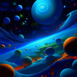 Overhead view of a blue galaxy floating through space, 3D planets close to each other, bold vibrant colors, galaxies in the distance, in the style of Dowdle Art