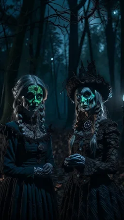 Halloween Cthulhu portrait of frozen Eliza and her creepy sister, full moon, in dark forest grove, down-light, shot on Hasselblad h6d-400c, zeiss prime lens, bokeh like f/0.8, tilt-shift lens 8k, high detail, smooth render, down-light, unreal engine, prize winning