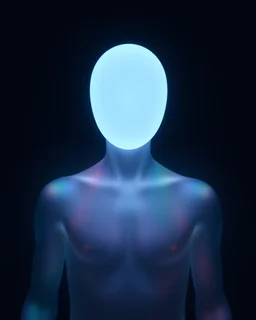 atmospheric, low contrast, sfumato, holoprint, humanoid form with a faceless glowing oval head, multi-colored soft glowing colors, minimalist, dark background, an image of interest