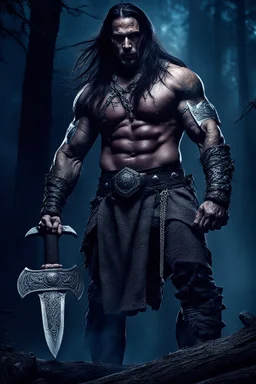 Jason David Frank Very muscular man with long hair and tribal tattoos in barbarian clothes with silver axe in forest, realistic face, close-up, brutal, dark fantasy, smoke in the sky, lightnings, rain, intricate details, hyper detailed