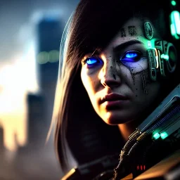 portrait,beautiful female Cyborg, intense stare, sad eyes, post-apocalyptic in a cyberpunk city, realistic, intriacte detail, sci-fi fantasy style, volumetric lighting, particles, highly detailed ,cinamatic , deep colours,8k, in the style of Kaare Andrews