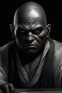 A native Indian chef, they but a fabric on his eye so he can not see and his arms are Handcuffed. looks miserable with bruises on his face like he has been beating sitting on a broken chair in a prison with dem light and dark prison environments , Busch painting style , sureal