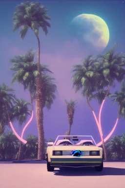 1980's aesthetic vaporwave palm trees with lighting with moon with audi in the desert sand