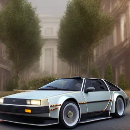 White marble statue delorean, full body, full of details, realistic, Rome sculpture style, fresco background, hight definition, 8k, symmetric face, perfect eyes