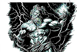 Detailed and realistic illustration of Greek god Zeus holding holding lightning. Engraving style illustration. Ultra high resolution.