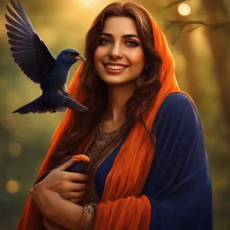 Hyper Realistic close-up-view of a Beautiful-Young-Happy-Pashto-Woman-with-beautiful-eyes-smiling-with-a-bird-on-his-hand with navy-blue-dress-&-orange-shawl & breeze-whirling in a jungle-with-tall-trees & cloudy-sunset-&-sun-rays showing dramatic & cinematic ambiance