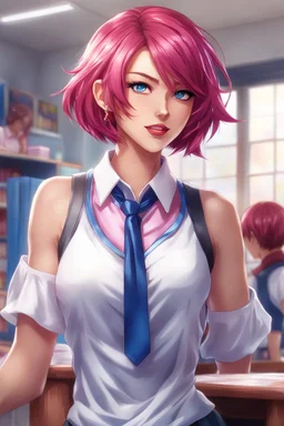 yugioh art style, character design, character concept art, realistic manhwa art for beautiful striking female teacher in the classroom, crimson hair with pink tips, blue Hair bobbles, bob haircut, blue eyes, light make-up, ruby lips, smooth, soft face, sculpted body, toned physique. she wearing sleeveless satin shirt that is white, classic collar shirt, cropped shirt, deep v-neck, elegant, passionate and beauty, red skirt, silver bracelet. Miki Asai Macro photography, vector art, sketch art, hyp