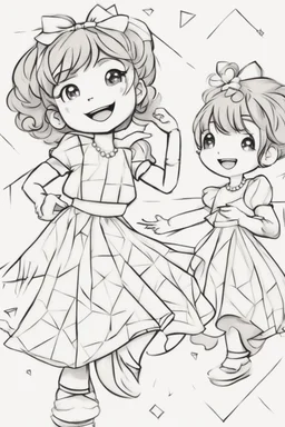 Little girls dancing in diamond-patterned dresses at a festive celebration. Use diamonds for their dresses, party decorations, and the dance floor.,very happy , Colloring page for todlliers ; basic hawali style cartoon , black and white , ink outlines , , smooth , anime style , minimalist , cute eyes , full body , white shose , sketchbook , realistic sketch , free lines , on paper , character sheet , clean line art high detailed