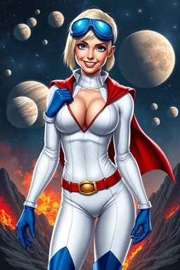 Karen Starr, full body, young athletic white female, crew cut bleach-blonde hair, blue eyes, thin, blue goggles, semi-pointed chin, muscular build. Wearing white long-sleeved bodysuit with high collar with plunging neckline, blue elbow gloves, red belt with gold buckle, red cape, blue knee boots. Big smile. Background: outer space, planets, stars, galaxies, fire, explosions, volcanic lava, craggy peaks. Photorealistic