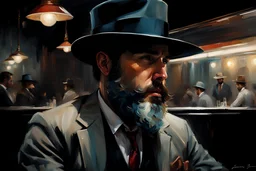 a bearded man with a hat face hidden in shaddows in a zoot suit, by a 50s diner smiling :: dark mysterious esoteric atmosphere :: digital matt painting with rough paint strokes by Jeremy Mann + Carne Griffiths + Leonid Afremov, black canvas, dramatic shading, detailed face