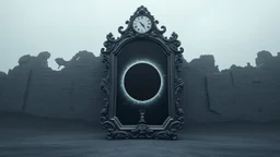 A monumental baroque mirror standing in empty gray desert landscape before a crumbling old gothic stone wall, Cold gray reality outside the mirror, subtle fog. antique clock above the frame showing exactly 12:00. Inside the mirror lies the Realm of Midnight: a colossal black eclipse above an endless cosmic abyss, melting stars, brocken hourglass inside the mystic mirror, and big abyss of universum, the mirror one gate into the physical dimension. Dark surreal vibe,