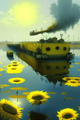 yellow water of lake with bridge of sunflowers and tanks and in fuggy sky with dim sunlight