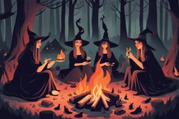 witches around a campfire in the woods