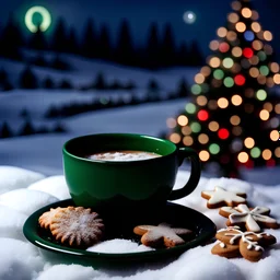 realistic closeup photo of a green porcelain cup standing on the snow next to Christmas cookies in front of a winter landscape against the backdrop of a Christmas tree under the light of the moon