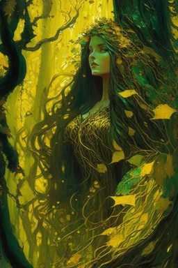 In the heart of a dense and enigmatic forest with towering ancient trees cloaked in emerald, yellow and amber foliage stands an ethereal beauty, her face is perfect, her lustrous hair cascading in ebony waves down to her slender waist she is slowly turning into a tree herself