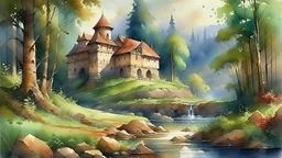 watercolor painting old castle ruins forest stream water