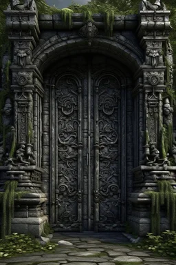 A huge wall made of granite black stones with a huge gate and giant open wooden doors in the forest dark material, surrealist, elementals, intricate background, masterpiece, octane rendered, artstation