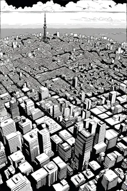 Tokyo city view from very above. top view, manga style, black and white