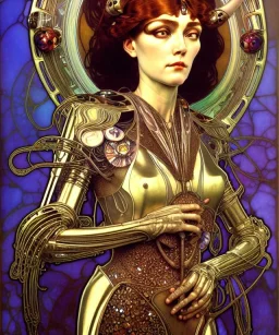 Realistic detailed face portrait of a beautiful futuristic Karen Carpenter queen in opudesignlent alien glass armor by alphonse mucha, ayami kojima, amano, greg hildebrandt, and mark brooks, female, feminine, art nouveau, ornate italian renaissance cyberpunk, iridescent venetian blown glass, neo - gothic, gothic, character concept