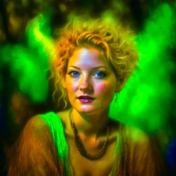 portrait of drew barrymore as a hippie pixie in the underground grove glowing light, in the style of dali, 8k, down-light, soft light, depth of field, photo realism, trending on art station, high detail, smoke and fog