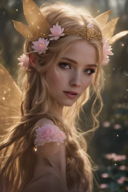 Pointed elven ears,Blonde hair ,Pink dress,Sparkling fairy wings,Very long golden hair,Fairy crown,pointed ears,elven ears,fairy wings,water lilies,sparkling,glittering,flowers,blossoms,golden crown,light pink dress