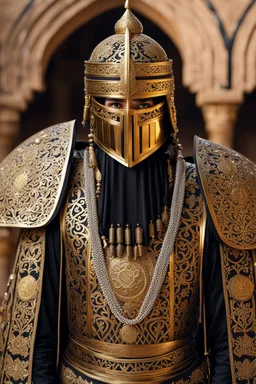 Full body photography,front_view,militan islamic looking at viewer,traditional dress ornaments mechanical_armor,intricate armor, delicate golden filigree, intricate filigree, black metalic parts, detailed part,desert background, dynamic lighting