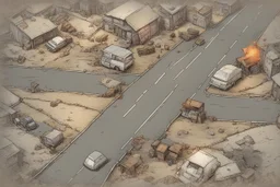 road map, top view, comic book, post -apocalypse, grey