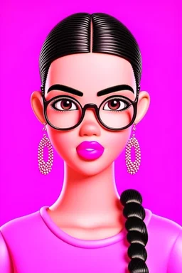 Very pretty girl animation behind a plain pink background with braided hair wearing glasses and earring