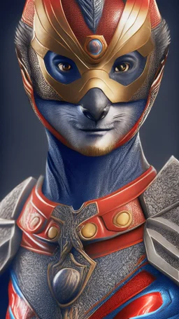 Superhero, meerkat mask, male head, male mouth and nose, hyper realistic, intricately detailed armor, novelty, full body, cinematic, 4k