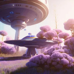 Spaceship landed on futuristic planet, sunny day. clear blue sky, cascade, flowers. Elegant. Extremely detailed. Award winning photography. Fantasy. 8k. Cinematic lighting. Photorealistic. Dynamic lighting. Imperial colors. Crisp quality. Unreal Engine. Colourful cinematic postprocessing. Pixar. VRay.