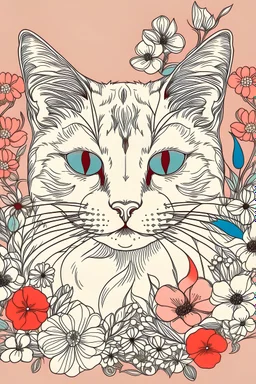 Outline Portrait of a cat with background flowers --ar 9:11