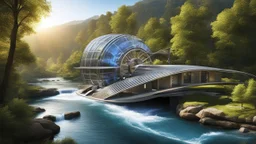 6003. Innovative environmentally-friendly home, solar panels, water wheel in river, alternative energy, scientific experiment, home of the future, fantasy, robotic, automated, spectacular, futuristic, beautiful lighting, attractive composition, photorealistic, extremely detailed, chiaroscuro