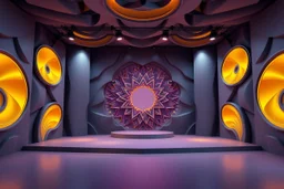 modern stage with gray-dark yellow blueish violet theme artistic decoration , color full dynamic lighting,, 3D recursive fractal structure animating background