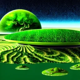 Crie uma imagem de uma paisagem futurista com elementos verdes proeminentes. Imagine uma cidade futurista florescendo com a natureza, talvez com prédios flutuantes entre as árvores ou vegetação exótica crescendo em estruturas futuristas. A paisagem deve ter um ar futurista e tecnológico, mas também deve ser vibrante e cheia de vida verde. Considere inspiração em universos de ficção científica, como Star Trek