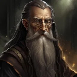 dnd, fantasy, wizard, portrait, face, close up, long beard, black hair, angular features, long, slender, old, professor