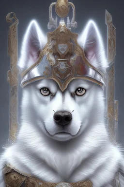 photorealistic cute white husky knight, hyperdetailed painting, luminism, Bar lighting, complex, messy old clothes, 4k resolution concept art, Artgerm, WLOP, Alphonse Mucha, 3d render, octane render, intricately detailed, cinematic, awesome full color, hand drawn, dark, gritty, realistic mucha, klimt, cinematic