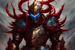 silver and crimson lightning Raijin knight, blue electric horns that sprout forwards, a silver mask that covers the lower face, golden highlights throughout the armour, electricity emitting from the armour as a lightning arch appears from the back, crimson hair appearing out of the helmet