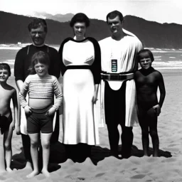 Creepy old family photo of star wars type people at the beach